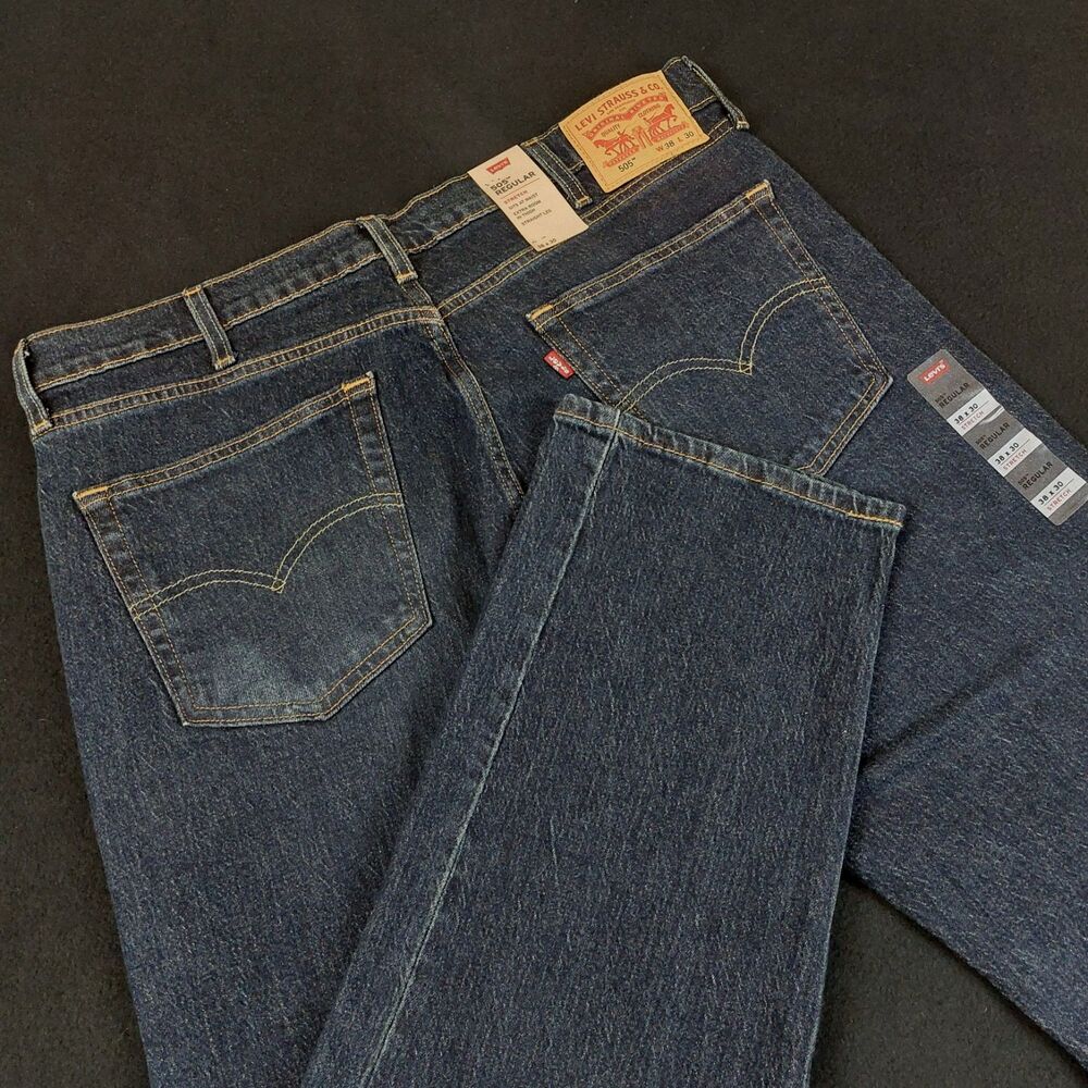 Levis 505 Regular Stretch Jeans Mens 38x30 Blue Straight Leg NWT
